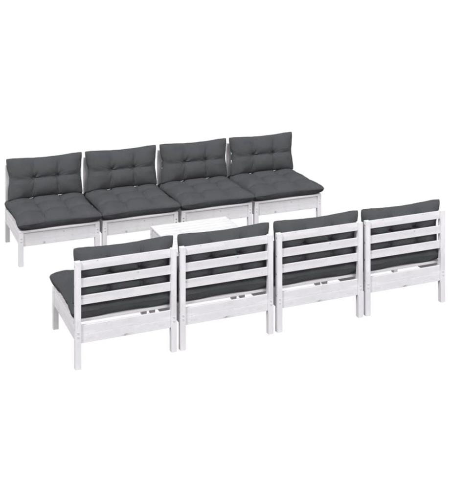 Salon de jardin 9 pcs avec coussins bois de pin massif