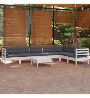 8-tlg. Garten-Lounge-Set mit Kissen Weiss Kiefer Massivholz