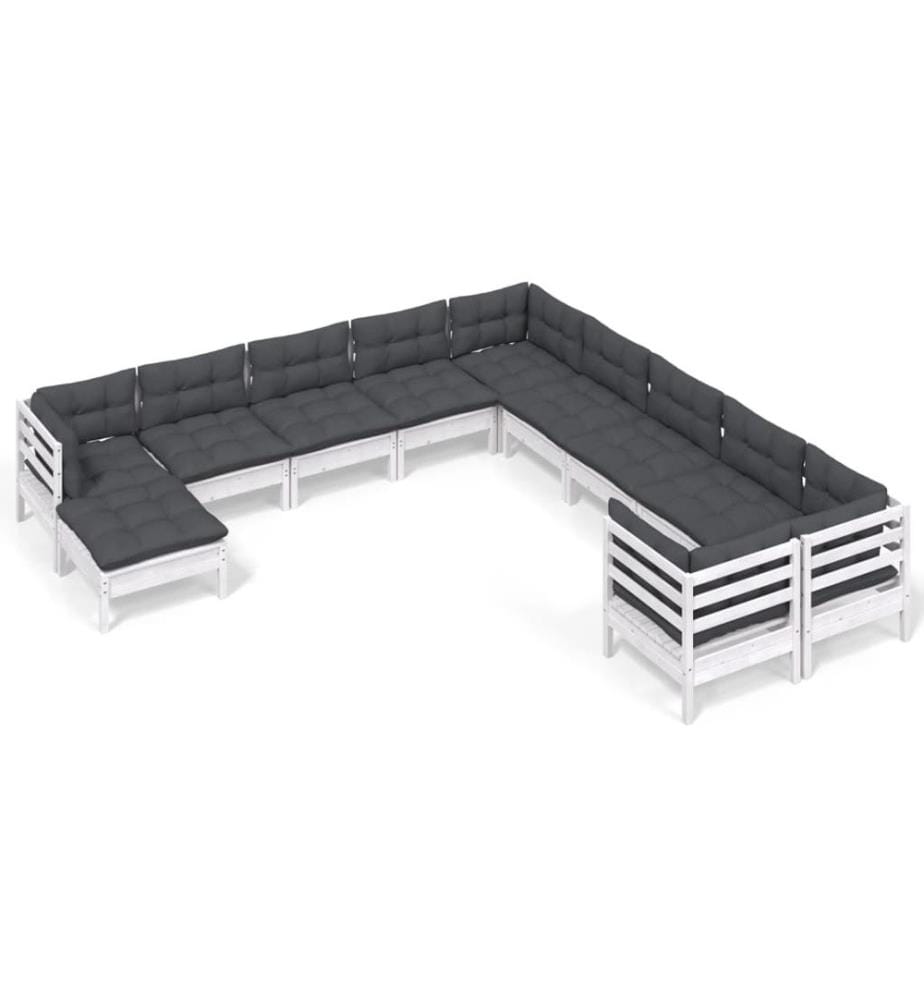 Salon de jardin 11 pcs avec coussins blanc bois de pin