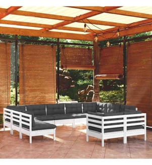 Salon de jardin 11 pcs avec coussins blanc bois de pin massif