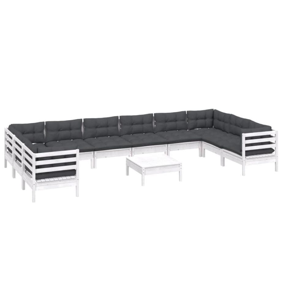 Salon de jardin 11 pcs avec coussins blanc bois de pin