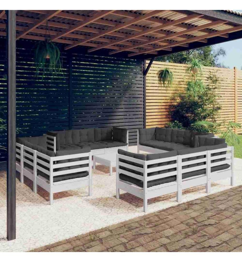 Salon de jardin 13 pcs avec coussins anthracite bois de pin