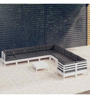Salon de jardin 11 pcs avec coussins blanc bois de pin