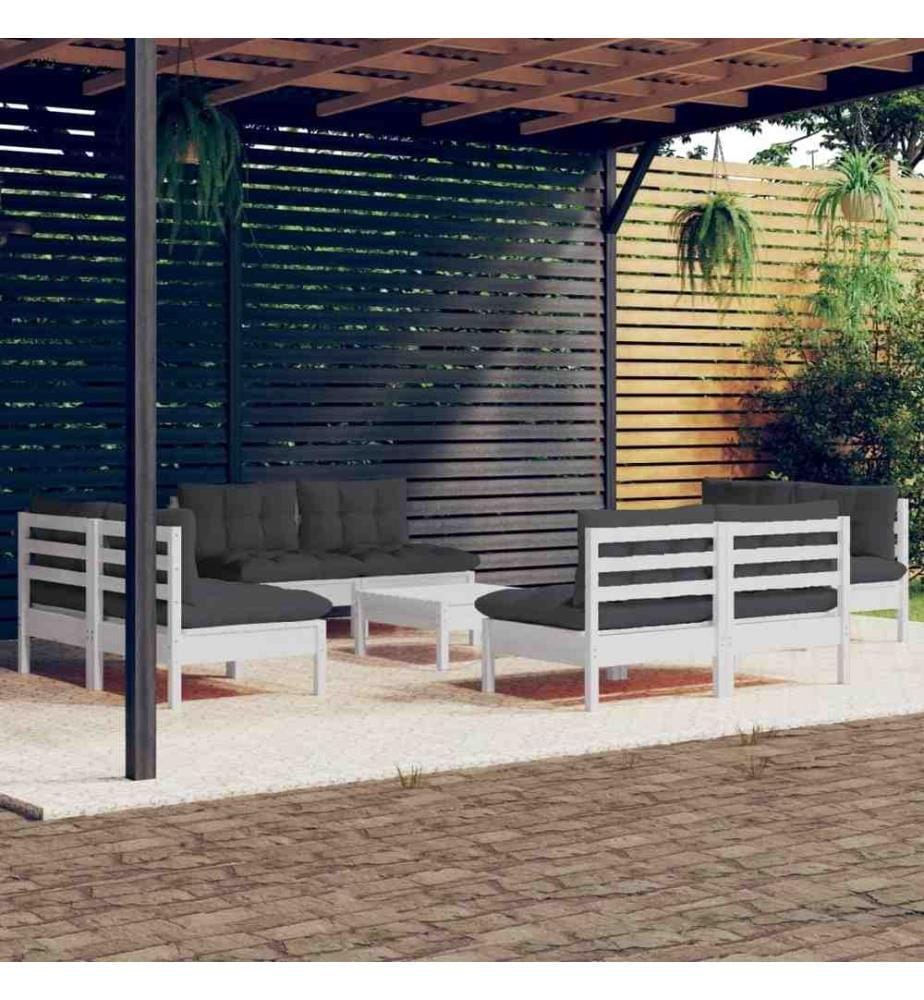 9-tlg. Garten-Lounge-Set mit Anthrazit Kissen Kiefernholz