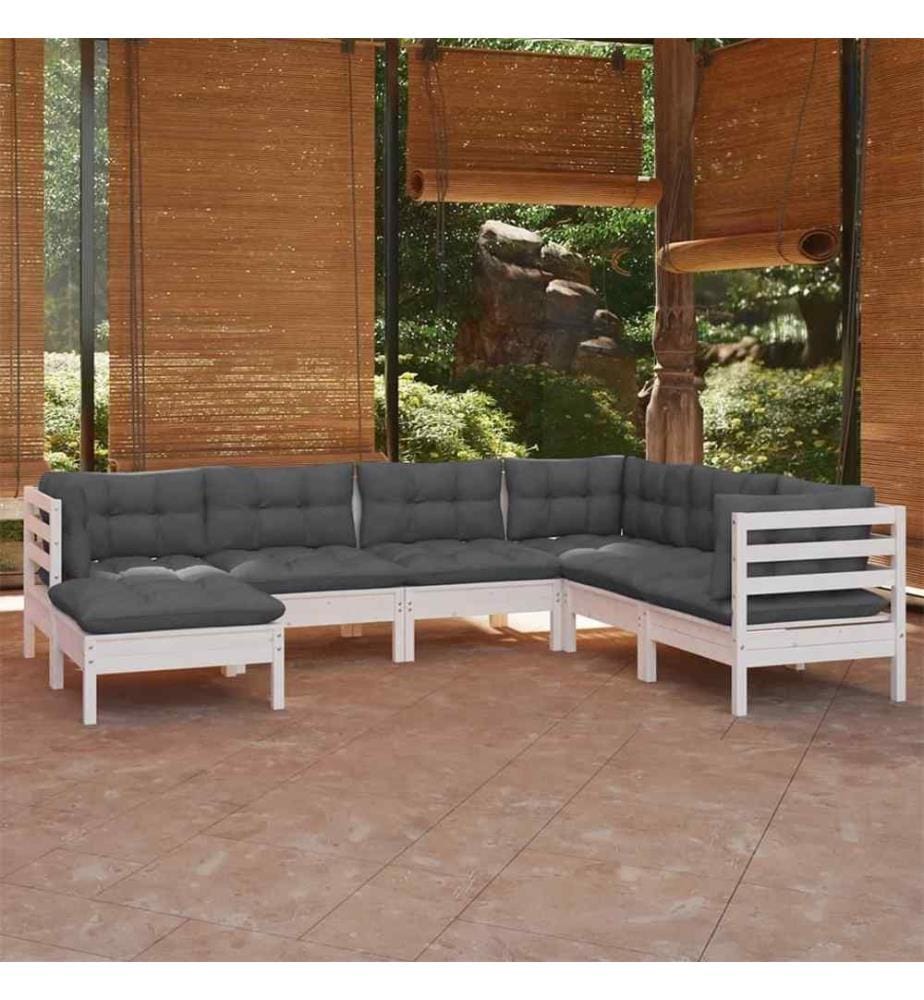 7-tlg. Garten-Lounge-Set mit Kissen Weiss Kiefer Massivholz