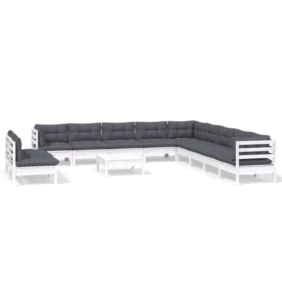 Salon de jardin 12 pcs avec coussins blanc bois de pin solide