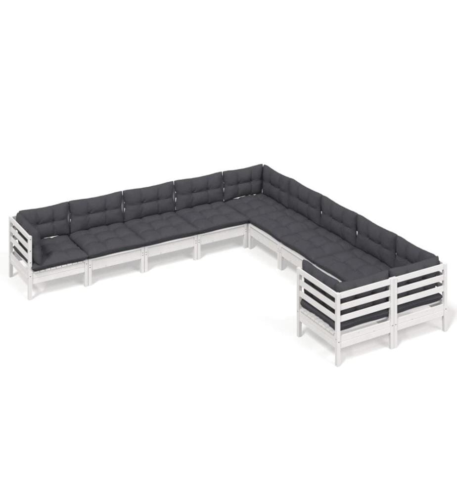 Salon de jardin 10 pcs avec coussins blanc bois de pin