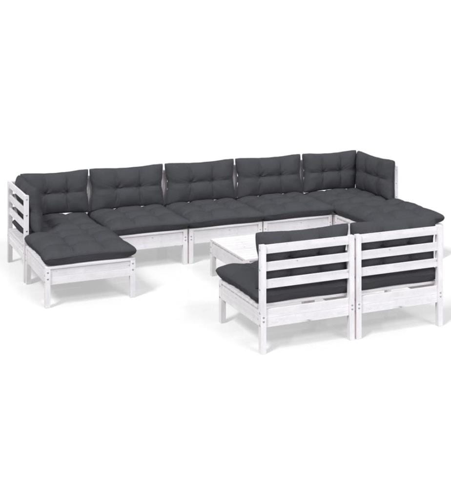 Salon de jardin 10 pcs avec coussins blanc bois de pin