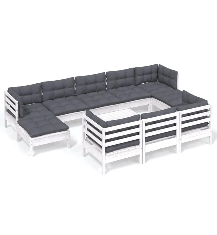11-tlg. Garten-Lounge-Set mit Kissen Weiss Kiefer Massivholz
