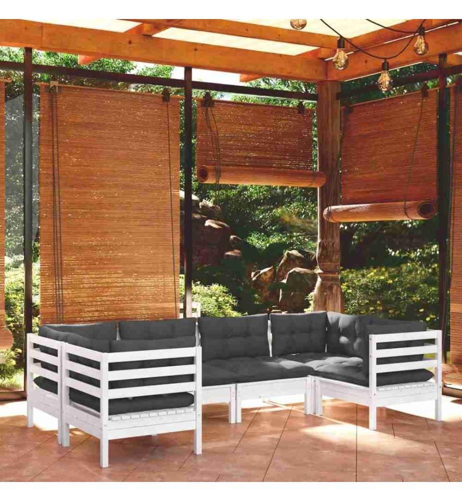 Salon de jardin 6 pcs avec coussins blanc bois de pin
