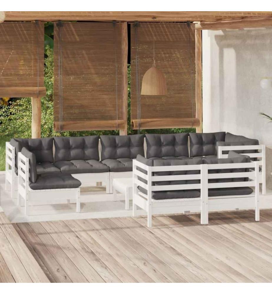 Salon de jardin 10 pcs avec coussins blanc bois de pin massif