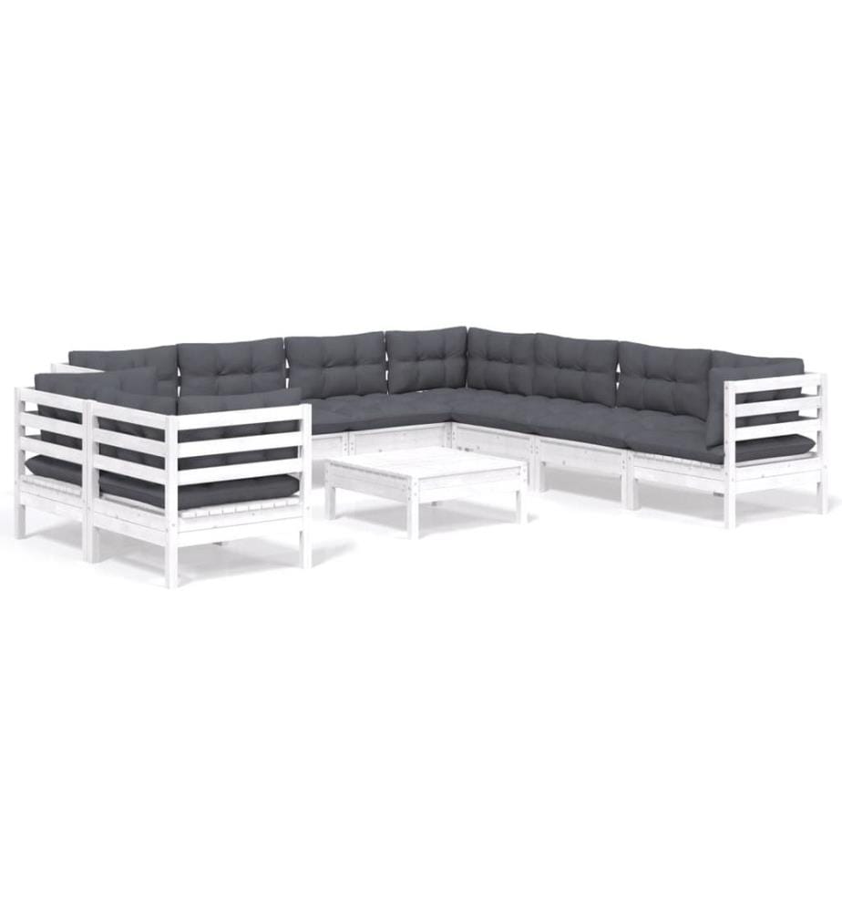 Salon de jardin 10 pcs avec coussins blanc bois de pin massif