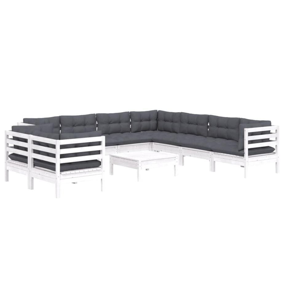 Salon de jardin 10 pcs avec coussins blanc bois de pin massif