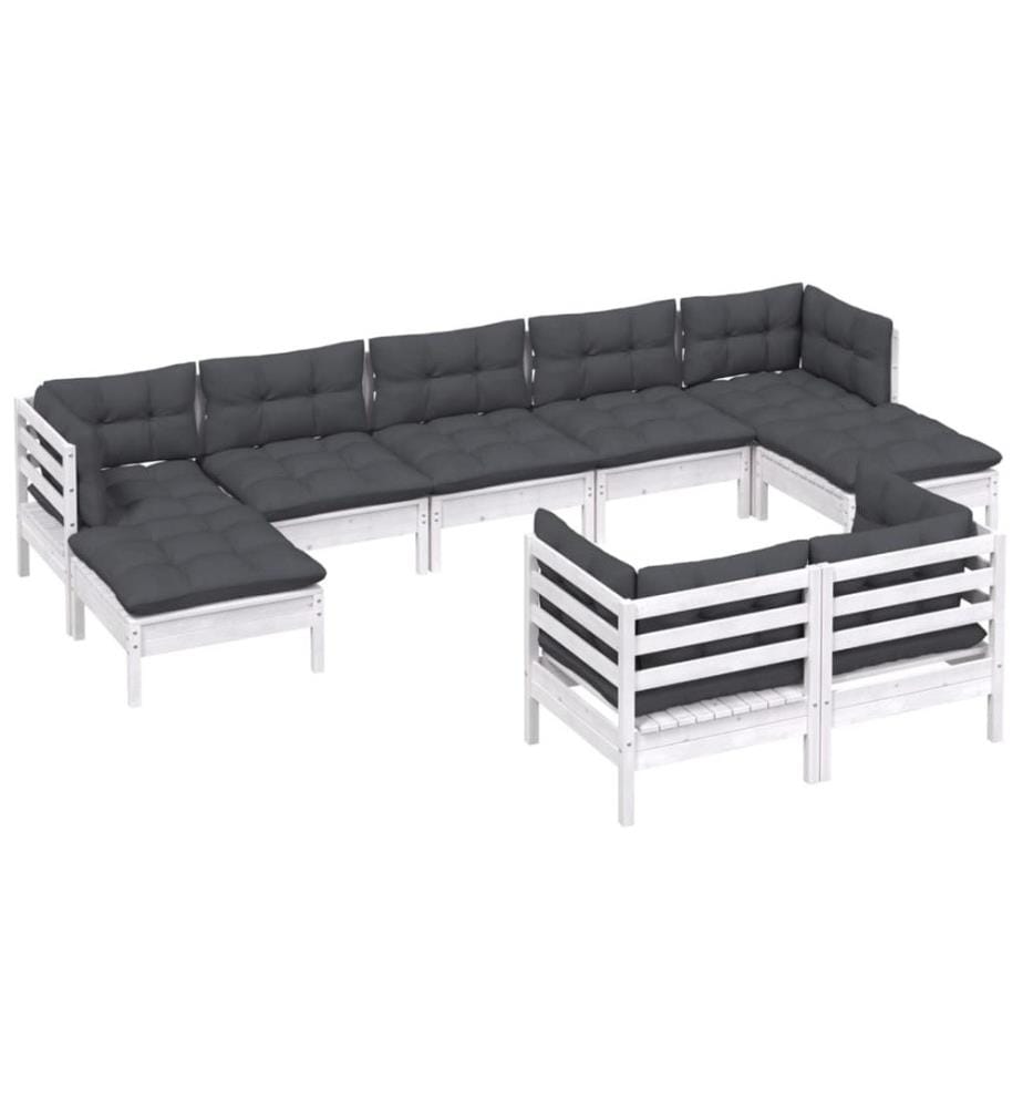 Salon de jardin 9 pcs avec coussins blanc bois de pin solide