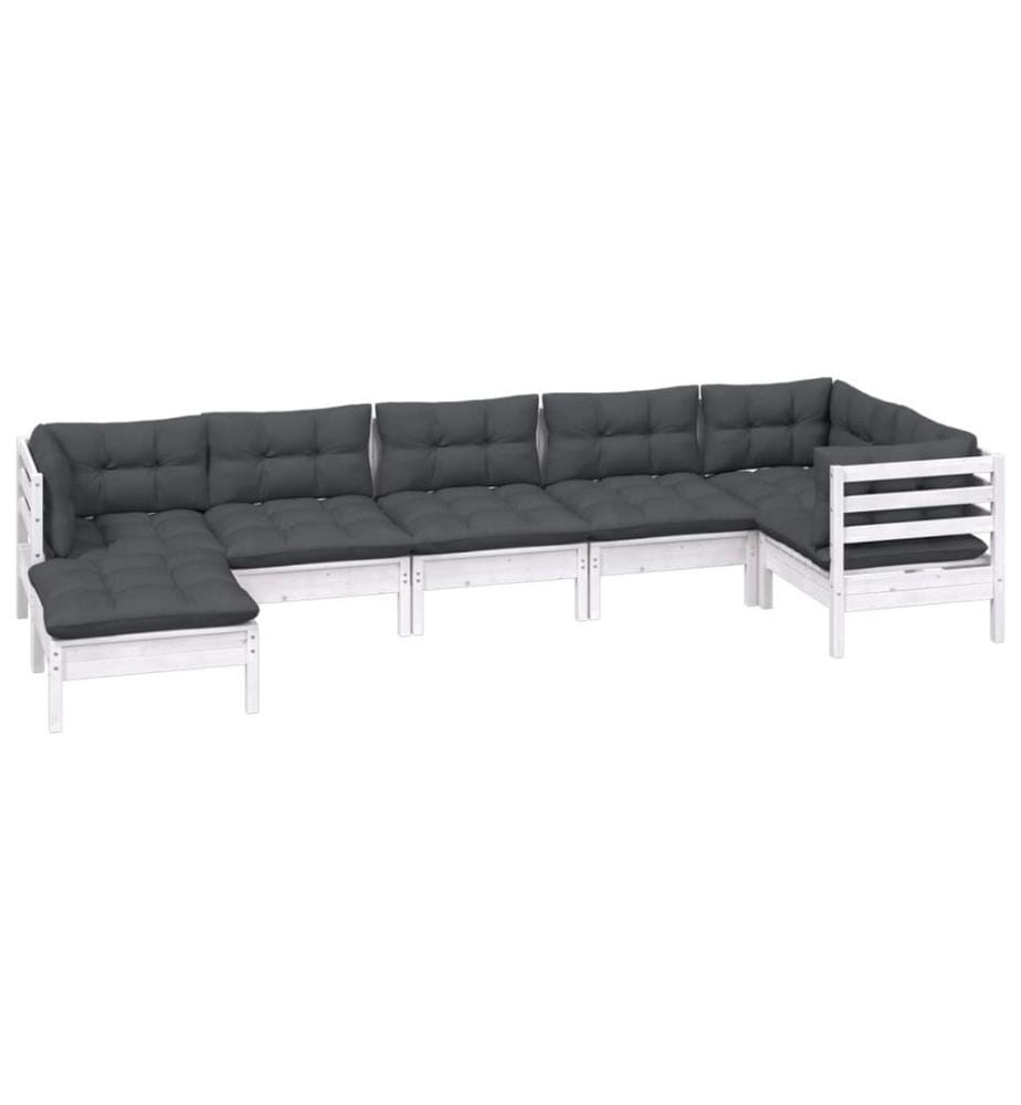 7-tlg. Garten-Lounge-Set mit Kissen Weiss Kiefer Massivholz