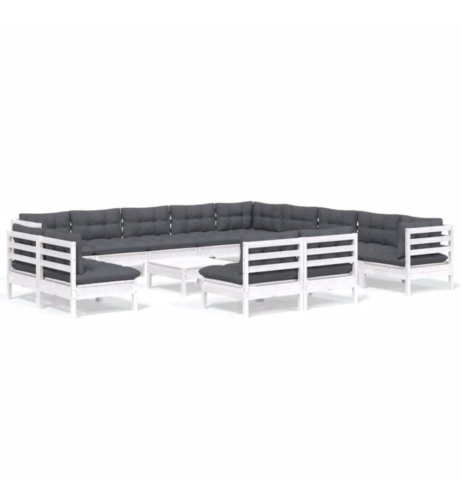14-tlg. Garten-Lounge-Set mit Kissen Weiss Massivholz Kiefer
