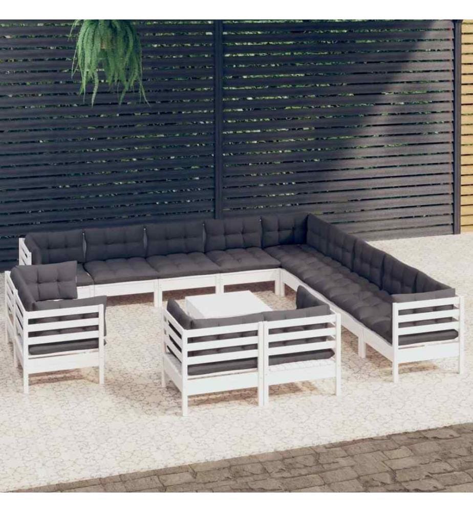 14-tlg. Garten-Lounge-Set mit Kissen Weiss Massivholz Kiefer