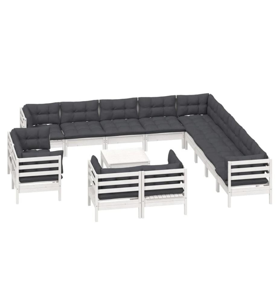 14-tlg. Garten-Lounge-Set mit Kissen Weiss Massivholz Kiefer
