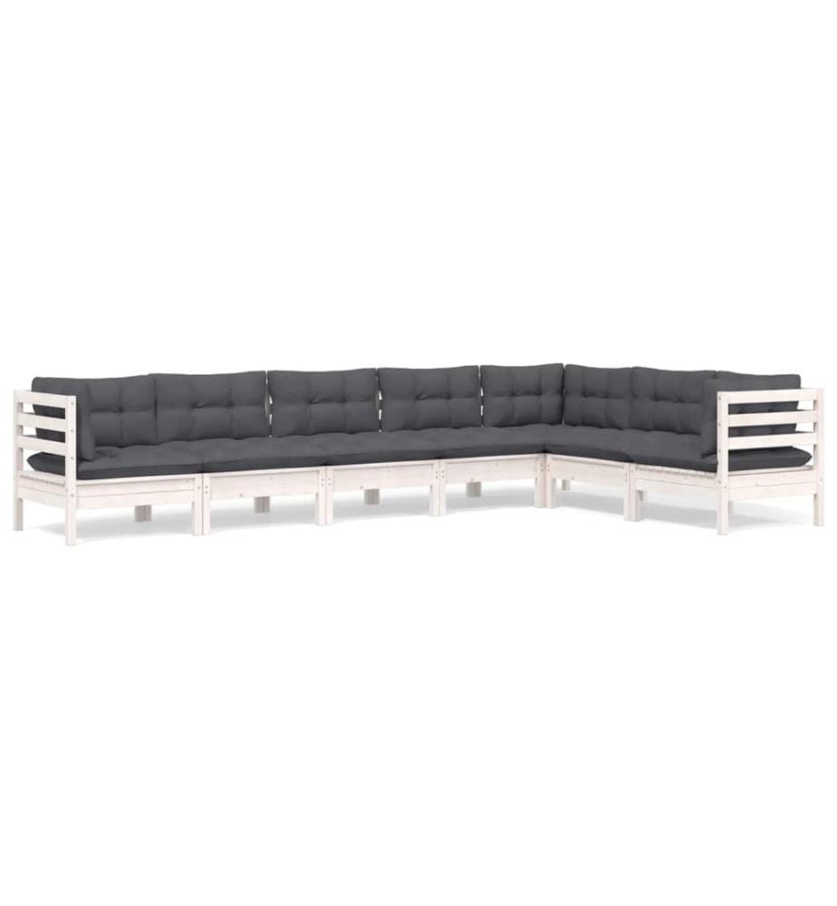 7-tlg. Garten-Lounge-Set mit Kissen Weiss Kiefer Massivholz