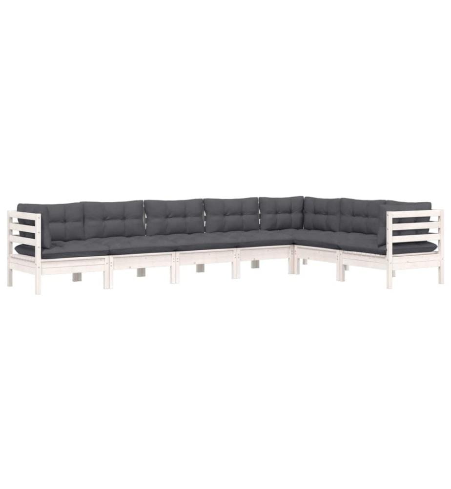 7-tlg. Garten-Lounge-Set mit Kissen Weiss Kiefer Massivholz