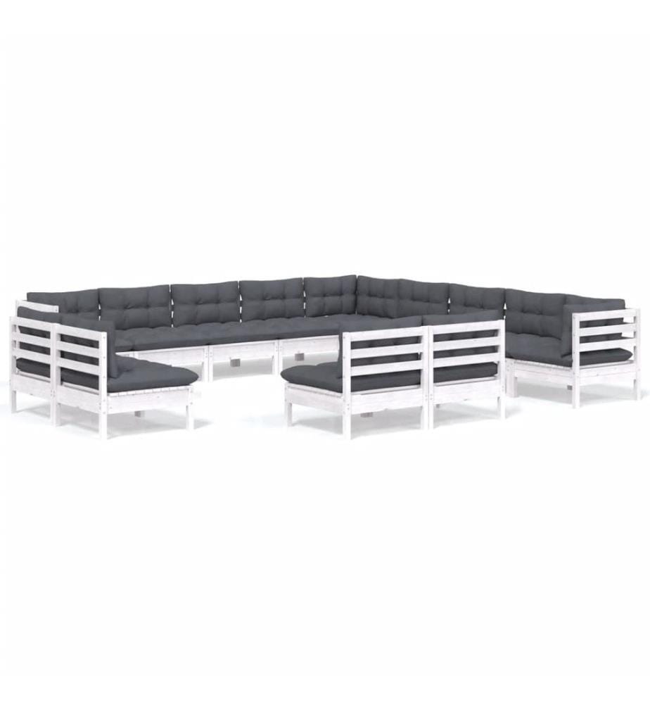 13-tlg. Garten-Lounge-Set mit Kissen Weiss Massivholz Kiefer