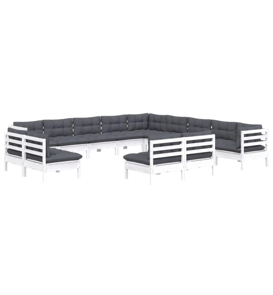 13-tlg. Garten-Lounge-Set mit Kissen Weiss Massivholz Kiefer
