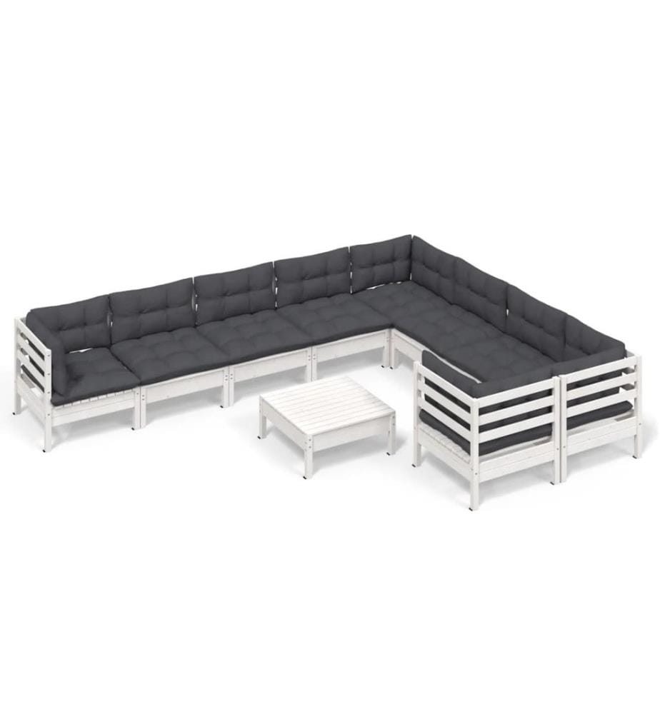 10-tlg. Garten-Lounge-Set mit Kissen Weiss Kiefernholz