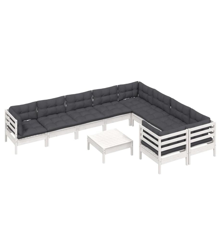 10-tlg. Garten-Lounge-Set mit Kissen Weiss Kiefernholz
