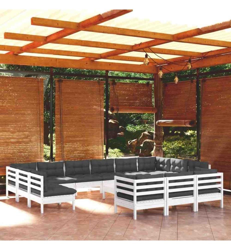 14-tlg. Garten-Lounge-Set mit Kissen Weiss Kiefernholz