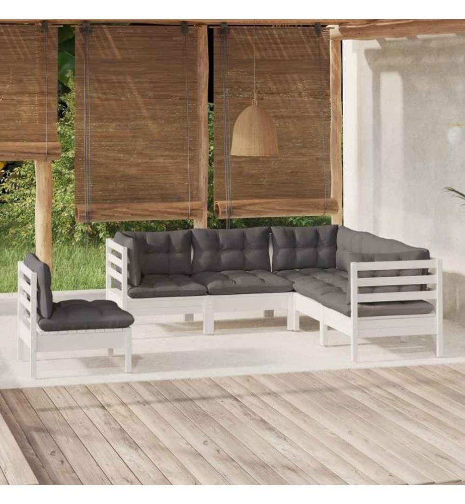 5-tlg. Garten-Lounge-Set mit Kissen Weiss Kiefernholz