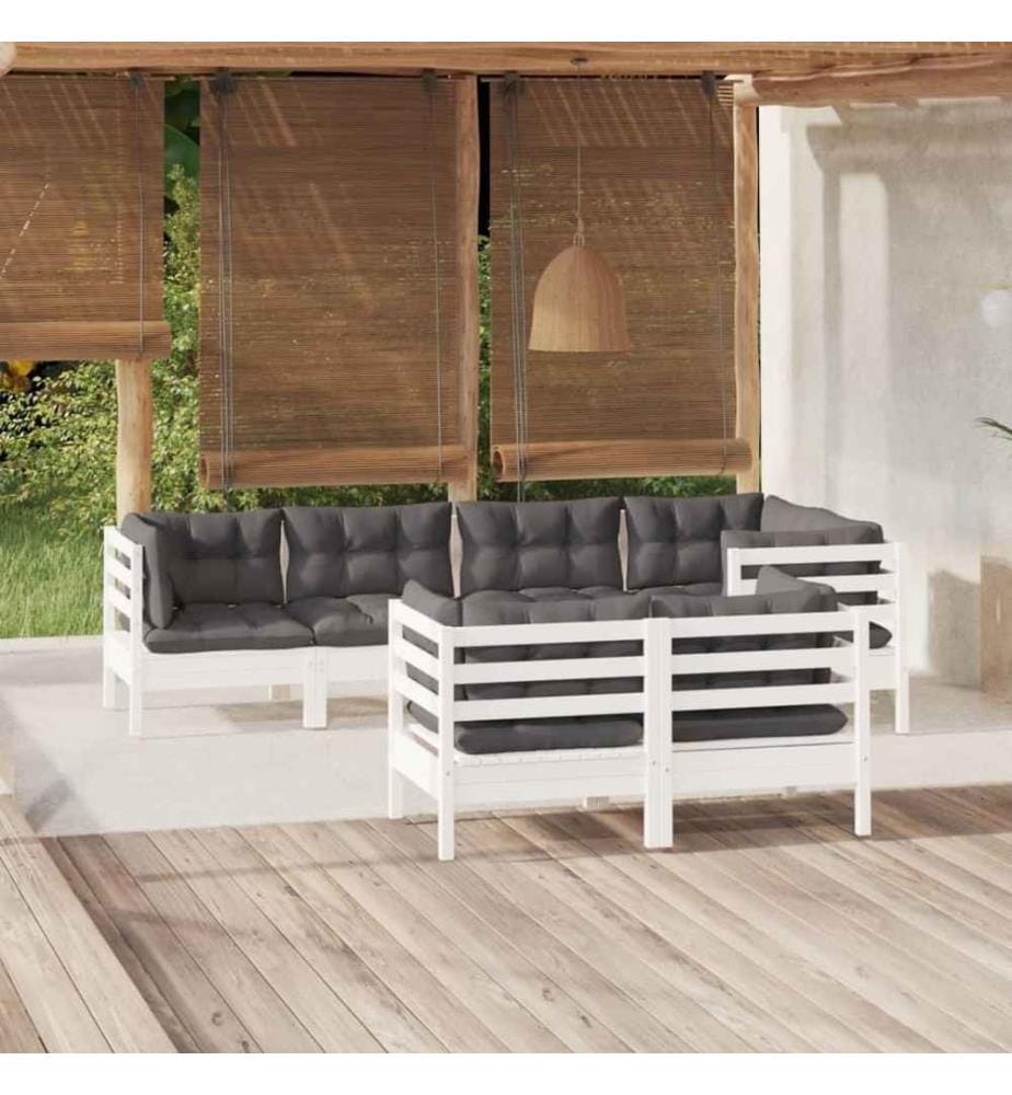 7-tlg. Garten-Lounge-Set mit Kissen Weiss Kiefer Massivholz