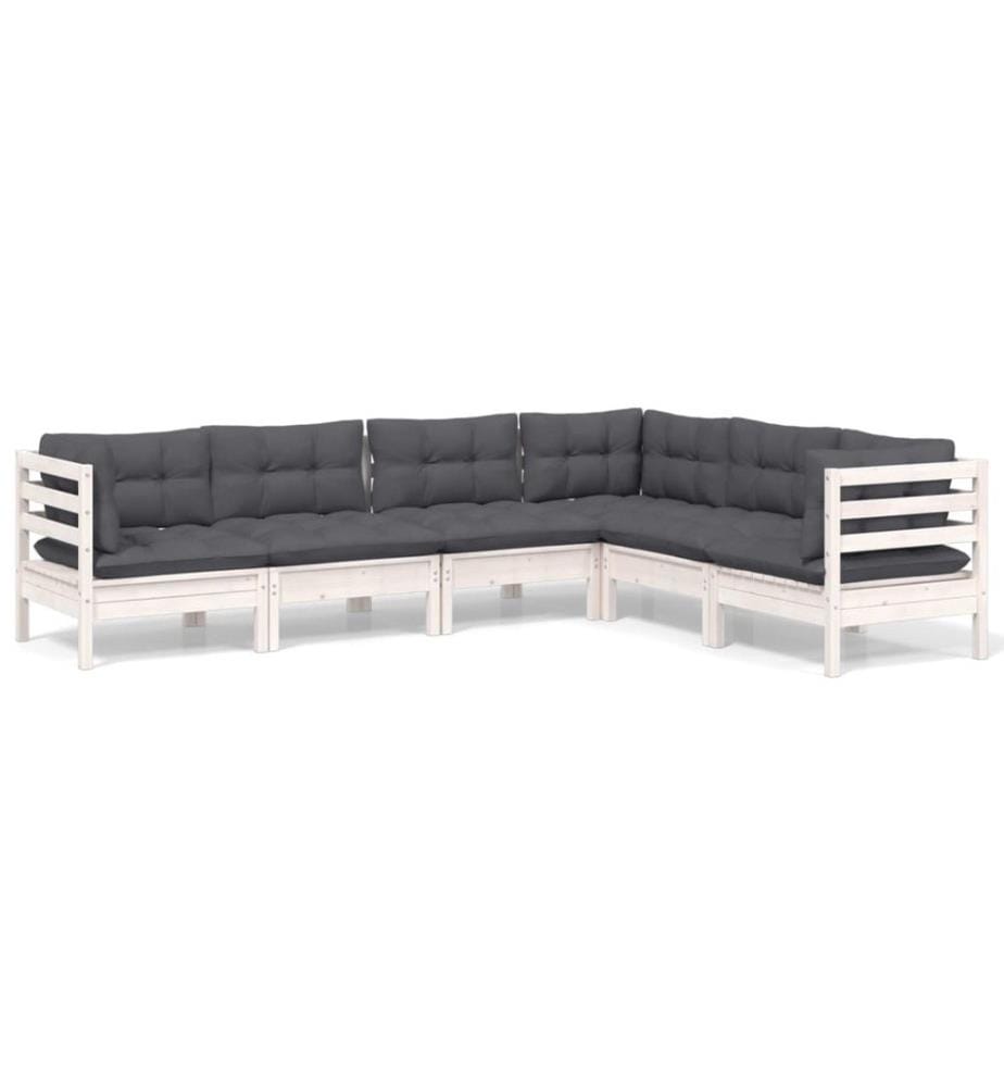 6-tlg. Garten-Lounge-Set mit Kissen Weiss Kiefer Massivholz