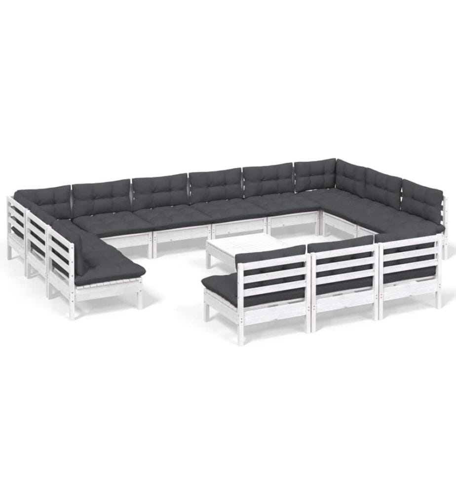 Salon de jardin 14 pcs avec coussins blanc bois de pin solide