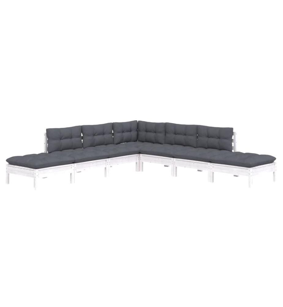 7-tlg. Garten-Lounge-Set mit Kissen Weiss Kiefernholz