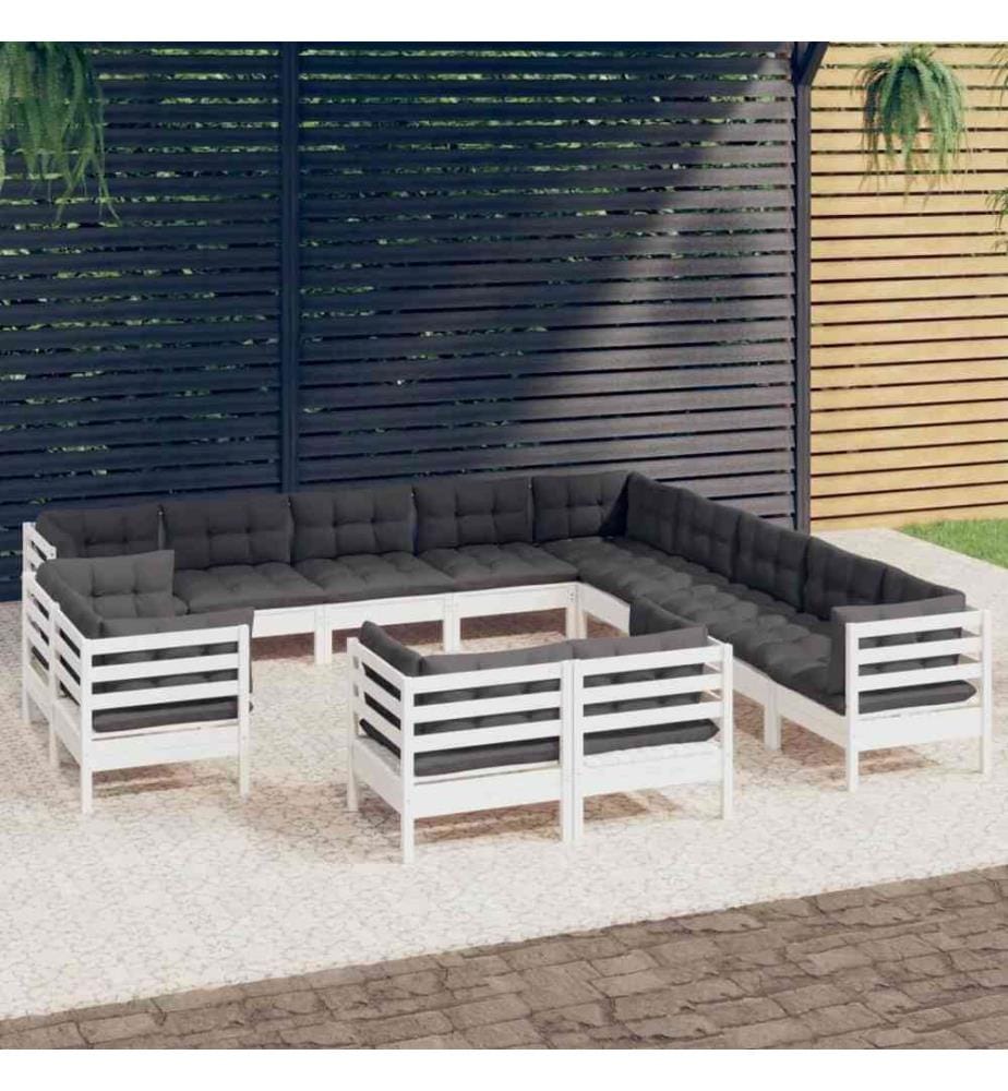 13-tlg. Garten-Lounge-Set mit Kissen Weiss Massivholz Kiefer
