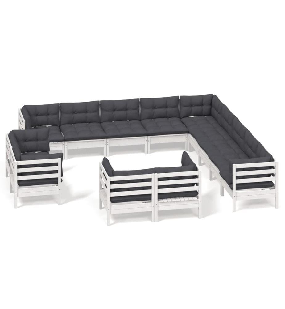 13-tlg. Garten-Lounge-Set mit Kissen Weiss Massivholz Kiefer