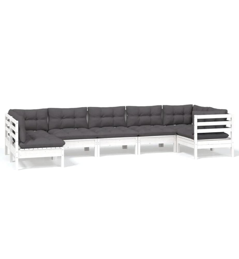 7-tlg. Garten-Lounge-Set mit Kissen Weiss Kiefernholz