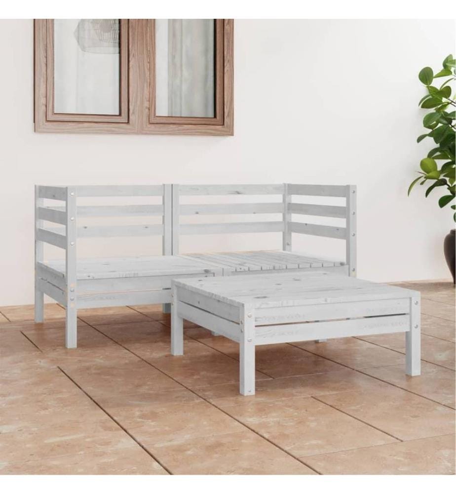 Salon de jardin 3 pcs blanc bois de pin massif