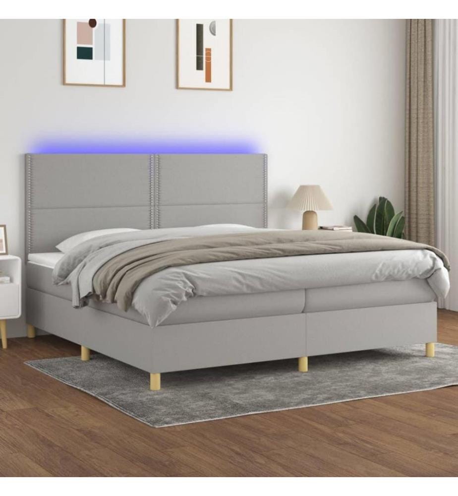 Sommier tapissier matelas et LED Gris clair 200x200 cm Tissu