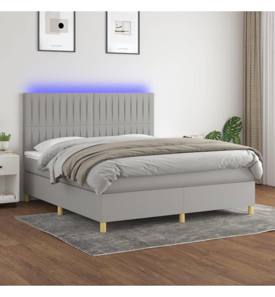 Sommier tapissier matelas et LED Gris clair 160x200 cm Tissu