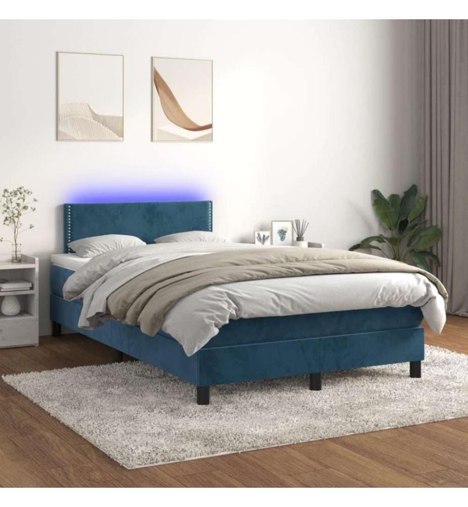 Sommier tapissier matelas et LED Bleu foncé 120x200 cm Velours
