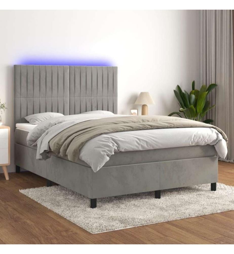 Boxspringbett mit Matratze & LED Hellgrau 140x190 cm Samt
