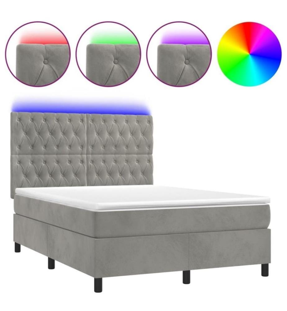 Boxspringbett mit Matratze & LED Hellgrau 140x190 cm Samt