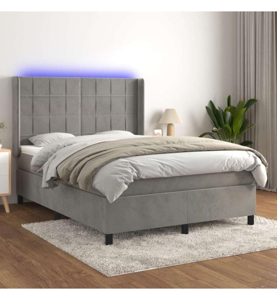 Boxspringbett mit Matratze & LED Hellgrau 140x190 cm Samt