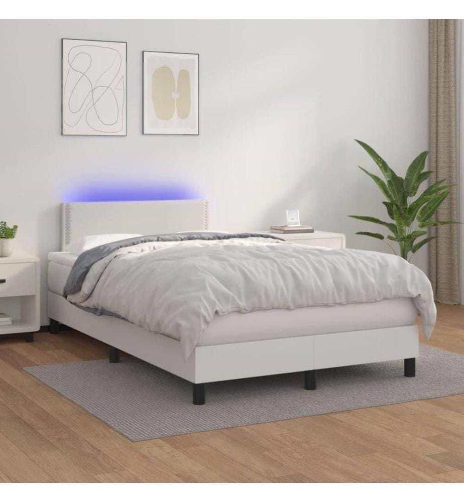 Sommier tapissier et matelas et LED Blanc 120x200 cm Similicuir