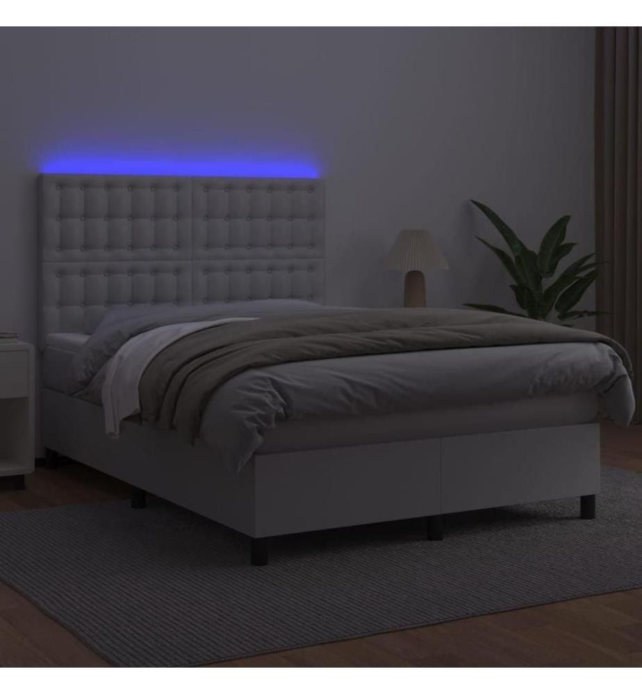 Boxspringbett mit Matratze & LED Weiss 140x190 cm Kunstleder