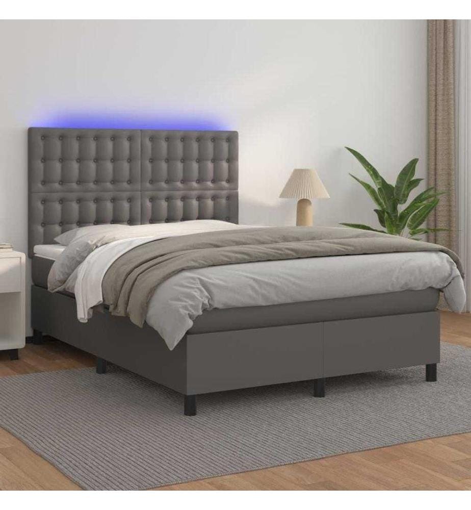 Boxspringbett mit Matratze & LED Grau 140x200 cm Kunstleder