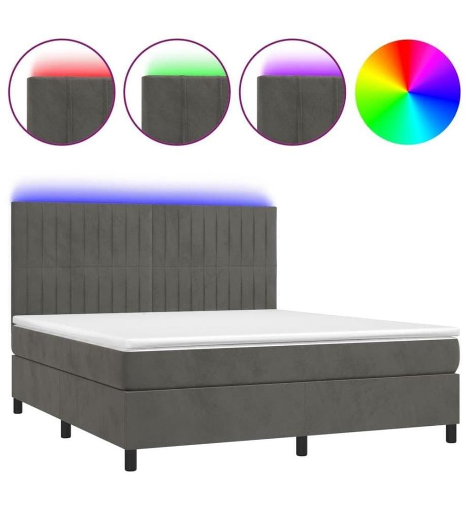 Sommier tapissier matelas et LED Gris foncé 160x200 cm Velours