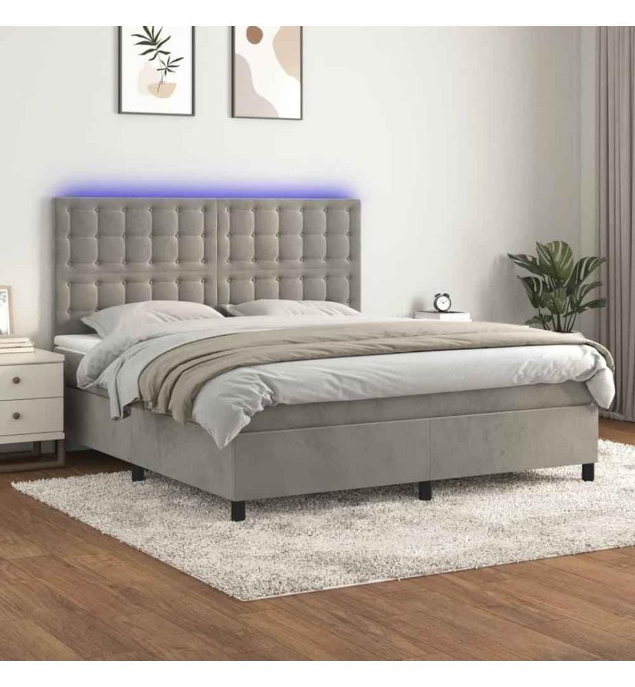 Sommier tapissier matelas et LED Gris clair 160x200 cm Velours