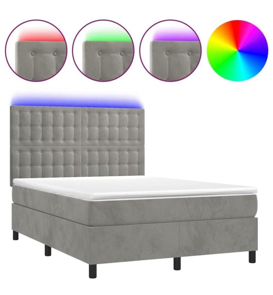 Boxspringbett mit Matratze & LED Hellgrau 140x190 cm Samt